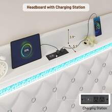 Floating Queen Bed Frame With LED Light, Upholstered Platform Queen Bed With Charging Station & Wingback, Diamond Tufted Storage Headboard & Footboard, PU Leather, No Box Spring Needed - Xem 4