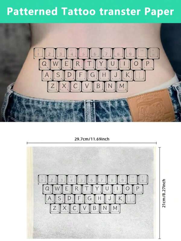 1 buc. Hârtie de transfer pentru tatuaje cu taste elegante pentru tastatură – Șablon A4 pre-proiectat pentru tatuaje temporare pentru artă corporală (braț, mână, încheietură) – Nu este nevoie de desen, ambalaj tip manșon – Estetică tehnologică modernă