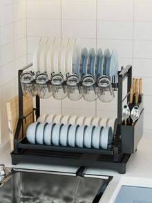 1个双层碗碟沥水架，厨房大号双层不锈钢碗碟架，可折叠防锈碗碟架，黑色 - 彩色 - 查看 3