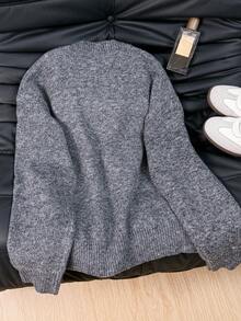 EAVA 复古设计懒人风手工蝴蝶结宽松针织毛衣女款毛衣，可爱优雅风格 - 灰色 - 查看 3