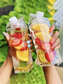 1个透明方形水瓶，透明牛奶盒造型水瓶，多功能便携大容量方形牛奶杯，透明分配瓶，可重复使用，适用于牛奶、咖啡、果汁饮料，防漏可爱方形便携果汁瓶，适合户外运动、旅行、露营、学校活动、家庭厨房电器配件、小工具 - 彩色 - 查看 2