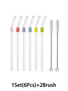 1支/2支/1套卡通装饰玻璃吸管，带彩色小熊吊坠，可爱可重复使用弯曲玻璃吸管，带清洁刷，适用于厨房、水杯、冷饮、奶茶、咖啡、果汁、冰沙、餐厅、鸡尾酒会、返校季、送给女朋友/男朋友、父母、朋友的礼物、节日用品。 - 款式1 - 查看 17