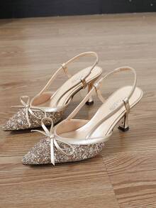 2025新款夏季优雅女士金色高跟尖头凉鞋,坡跟猫跟闭趾凉鞋,秋冬坡跟踝靴 - 金色 - 查看 6