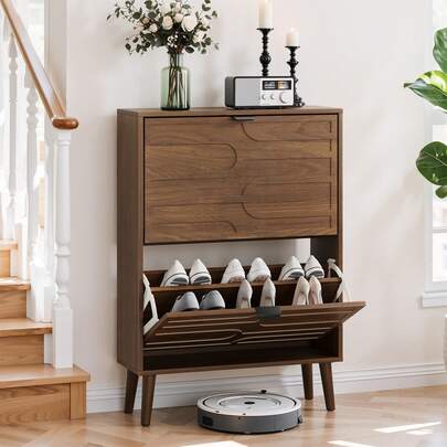 Modern Luxury Freestanding Shoe Cabinet, 23.62 Inches Long * 9.45 Inches Wide * 38.58 Inches High Walnut Shoe Cabinet, With 2 Flip Drawers, Suitable For Living Room Decoration, Hallway, And Entrance.