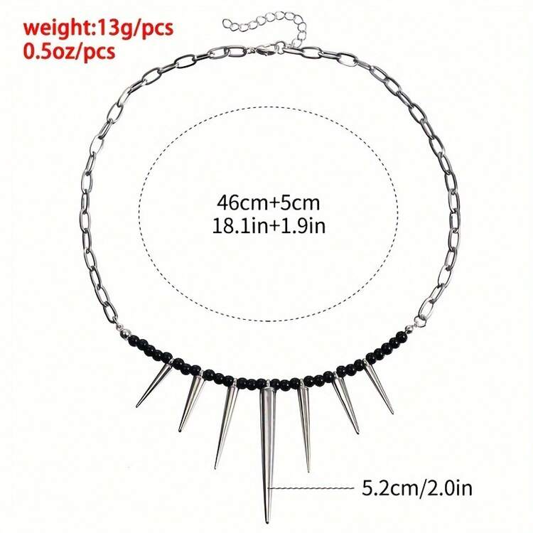 Vintage Hip Hop Spike Pendant Necklace - Fashion Alloy Gothic Rivet Beaded Chain, Bohemian Style Clavicle Choker For Party - 黑色 - 查看 4