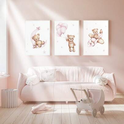 1pc Framed Canvas Wall Art, Cute Teddy Bear Decor Painting For Kids Room. Watercolor Teddy Bear Decorative Painting In Soft Pink. One Teddy Bear Sitting On A Pink Moon Surrounded By Stars. Another Teddy Bear Holding A Bouquet Of Pink Balloons. One Teddy Bear Sitting In A Pink Airplane, Soaring Among Clouds And Stars.