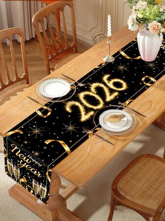 1件2026新年庆祝桌旗，黑金彩色图案，创意组合“新年快乐2026”数字和香槟酒杯，采用清晰油墨印刷，呈现绚丽的烟火效果，是新年庆祝活动、新年家庭聚会餐桌装饰、家居装饰、厨房装饰、餐厅装饰、新年派对桌布装饰、新年派对用品的完美之选。
