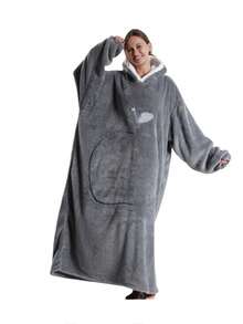 Oversized Hooded Sweatshirt Blanket, Women Loose Hooded Blanket, Super Soft & Warm, Front Apple Pocket Design, Unisex, Large Pocket, Comfortable Home Wear, Brown/Navy Blue/Red - Multicolor - View 5