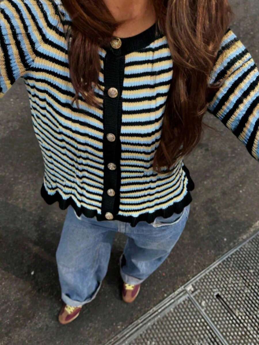 SEREN 新款秋冬条纹撞色圆领长袖开衫，黑色荷叶边下摆针织衫，适合户外穿着，复古休闲街头风
