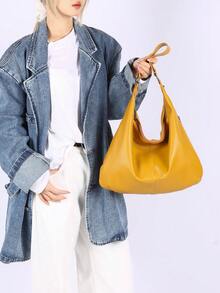 新款柔软皮革女士包，简约休闲单肩包，女士流浪包，简约腋下包，大容量手提包，适合工作通勤购物休闲 - 黃色 - 查看 4