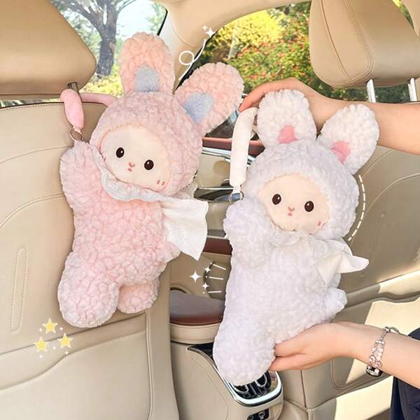 1pc Creative Plush Car Tissue Box Holder, Cute Cartoon Rabbit Design Hanging Paper Towel Dispenser