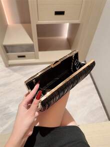 1个金色亮片皮革盒形晚宴包，时尚奢华正式派对手拿包，晚宴礼服手提包，带链条肩带的舞会包 - 黑色 - 查看 8