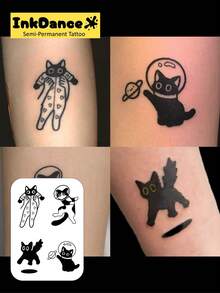 1 Set "Cute Cat" Revolutionary Technology Tattoo Stickers, Semi-Permanent Tattoos, Temporary Tattoos, Long-Lasting, Waterproof, Realistic Tattoo Effect, Plant-Based Formula, Product Number X023 - Black - View 2
