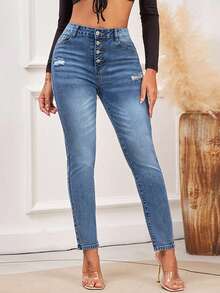 Jean skinny taille mi-haute déchiré - Denim stretch avec braguette à boutons, pantalon slim classique délavé et déchiré - Jean bleu - Voir 1