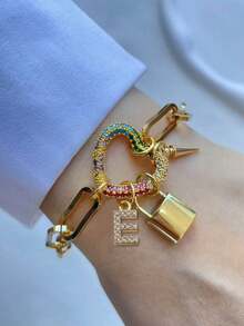 1件 STYLEVER 金色 A-Z 字母手链，彩色钻石心形扣链，白色钻石手链，不锈钢链，圣诞节礼物，万圣节礼物 - 金黃色 - 查看 8