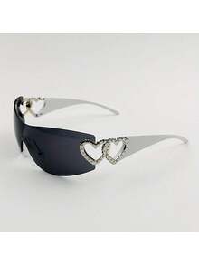 Y2K One-Piece With Heart-Shaped Decorative Frame And Wrap-Around Lenses For Women's Fashionable Eye Protection - 金紫粉紅 - 查看 8
