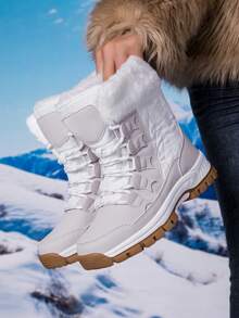 Fall/Winter Women's Outdoor Snow Boots, Women's Casual Mid-Calf Lightweight Anti-Slip Warm Snow Boots, Women's Thermal-Lined Thick Comfortable Short Boots,Fur Boots - White Gray - View 2