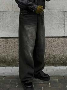 男士休闲复古宽松牛仔裤，适合所有季节，垃圾摇滚 - 黑色 - 查看 4