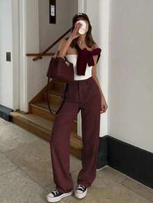 Quần tây ống đứng cạp cao kiểu vintage SMILE CHIC PETITE dành cho học sinh, chất liệu nhẹ, thoáng khí, dáng rộng, ôm sát, phù hợp cho đi làm mùa xuân/hè hoặc mặc hàng ngày mùa thu. - Đỏ - Xem 4