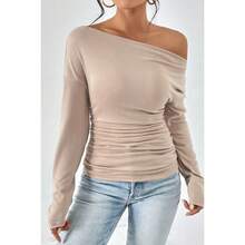 Women's Plain Minimalist Basic Ruched Asymmetrical Neck Drop Shoulder Tee, Elegance Mufti Clothes, Fall Long Sleeve T-Shirt For Everyday, Back To School T Shirts, Lady Clothes For Streetwear, Womenswear, Casual Wear - 軍綠色 - 查看 1