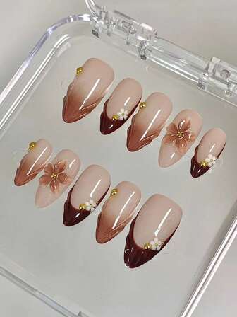 10pcs Minimalist Daily Ins Gentle Elegant Almond-Shaped 3D Embossed Medium Length Nail Tips, Warm Coffee Brown