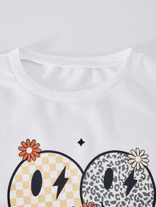 两件套个性风格少女套装，白色卡通图案圆领长袖上衣搭配卡其色宽松口袋阔腿裤，时尚设计，适合春秋季穿着。 - 白色 - 查看 5