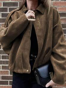 Plus Size Regular Length Jacket With Batwing Sleeves, Zipper And Silver Button Details, Pleated Hem, Women's Fashion Knit Fabric Long Sleeve Coat, Streetwear Style Comfortable Loose Fit Lightweight Jacket For Autumn - Brown - View 3