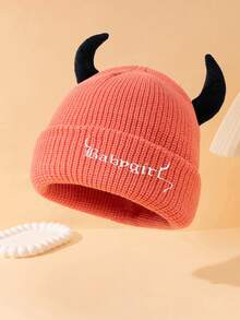 1pc High Quality 85g Large Circumference Women's Fashion Solid Color "BABYGIRL" Embroidered Knit Hat With Horn Decor, Suitable For Halloween Outfit And Outings Winter Women - A - View 12
