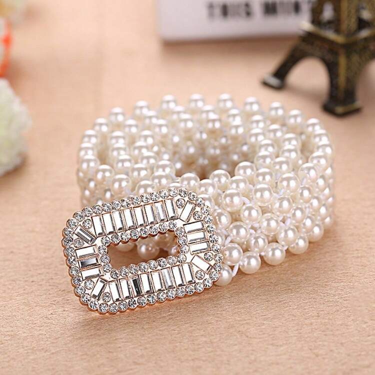 Rhinestone Pearl Waist Chain Ladies Simple Versatile Decorative Elastic Pearl Belt Girls Ins Sweet Fashion Elastic Waist Seal - 白k 扣 - 查看 8