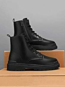 男士高帮靴，秋冬季百搭黑色真皮休闲鞋，耐磨低帮工装鞋，新款时尚休闲鞋，可搭配正装，系带金属鞋眼 - 黑色 - 查看 3