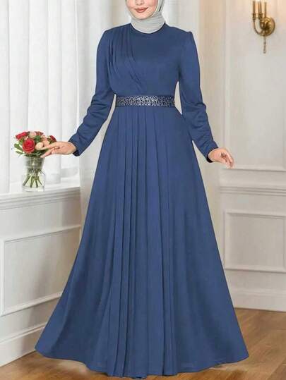 Rochie elegantă arabică plisată cu mânecă lungă și guler rotund pentru femei