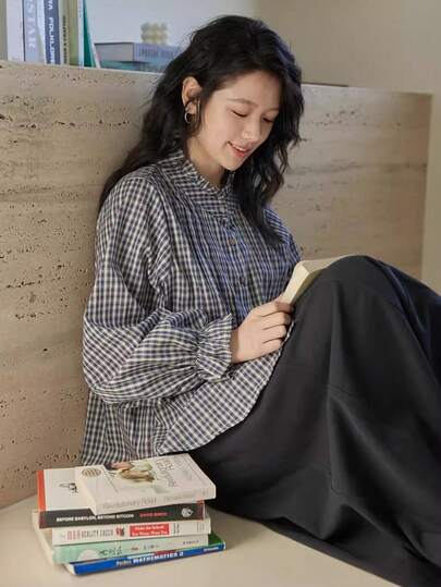 Women's Ruffled Sleeve Plaid Casual Loose Button-Up Shirt