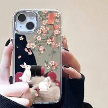 Pink Blossoms Cute Rabbits Element-design phone case, suitable for  models 16, 15, 14 Pro Max, 13, 12, 11, XR, XS Plus phone cases, made of TPU silicone material, providing shock and drop protection, with drop protection function, and has a very good hand feel. It is the most suitable gift for family, friends, and loved ones. - シルバー - チェックする 1