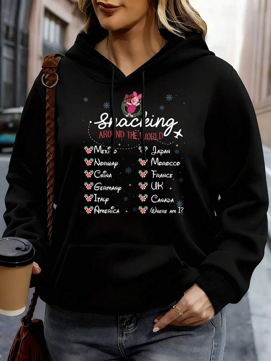 Disney Women Hoodie White Mickey Mouse World Travel Countries Print Casual Outfit For Daily Wear And Travel - 黑色 - 查看 1