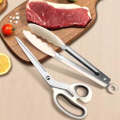 2pcs Stainless Steel Gray & White BBQ Scissors Set, Kitchen Food Shears, Meat & Vegetable Cutting Scissors