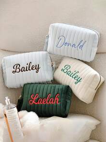 Personalized Embroidered Velvet Makeup Bag, Letter Embroidered Travel Toiletries Bag, Bridesmaid Gift, Ladies Embroidered Velvet Storage Bag - Multicolor - View 4