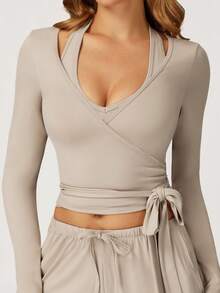 Bộ đồ tập yoga liền thân dài tay bằng vải nỉ dành cho nữ, trang phục thể thao ngoài trời cao cấp - Màu be - Xem 1