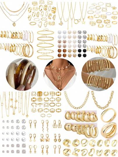 37-68 pièces Ensemble de bijoux vintage élégant comprenant papillon, cœur, faux perle, nœud torsadé, étoile, lune, strass, large bande, chaîne serpent, chaîne tressée, boucles d'oreilles en forme de C géométrique, colliers, bagues, bracelets. Convient pour les vacances, les fêtes, le port quotidien, les cadeaux de vacances