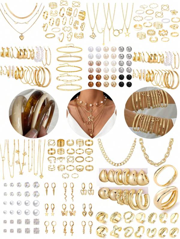 37-68pcs Elegant Vintage Butterfly, Heart, Faux Pearl, Twist Knot, Star, Moon, Rhinestone, Wide Band, Snake Chain, Braid Chain, Geometric C-Shape Earrings, Necklaces, Rings, Bracelets Jewelry Set, Suitable For Holidays, Parties, Daily Wear, Holiday Gifts