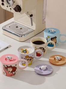 CRAYON SHINCHAN 蜡笔小新陶瓷马克杯带盖，牛奶咖啡杯，早餐杯，可爱设计多功能马克杯，耐用可重复使用水杯，适合盛装冷热饮品，适合作为生日和圣诞节礼物 - 彩色 - 查看 4