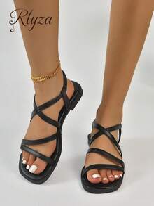 2 向穿透明休闲时尚百搭皮革外观平底凉鞋，带后带，适合女士，夏季