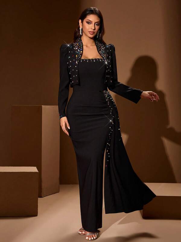 Women's Solid Color, Handcrafted Rhinestone Embellished, Multi-Color Diamond Elegant Asymmetric Ruffle Sleeveless Dress With Cardigan Two Pieces Set, Suitable For Banquet, Office, Evening Party, Gathering, Soft And Graceful Formal Dress