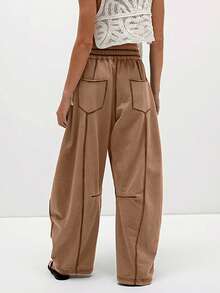 Women's Casual Cylinder Pants Wide Leg Casual Drawstring Sweatpants With Pockets - Màu kaki sẫm - Xem 3