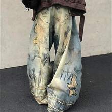 Unisex American Vintage Washed Embroidered Jeans Street Loose Wide-Leg Pants - 藍色 - 查看 2