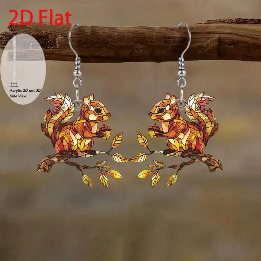 2D Flat Fashion Squirrel Perched On A Branch Earrings. Perfect As A Gift For Family And Friends On Holidays, Birthdays, Parties, And Everyday Wear. - Nhiều màu - Xem 1