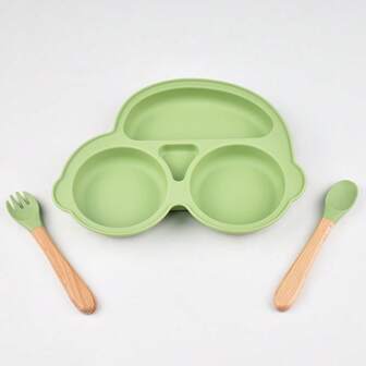 硅胶儿童餐具套装 - 卡通汽车造型分格餐盘（带吸盘）+ 叉勺套装，适合1-3岁幼儿喂养/断奶，男女通用，圣诞节、万圣节、感恩节礼物