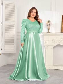 hezixi 高品质弹力亮片V领泡泡袖修身鱼尾裙摆设计，加大码纯色优雅奢华长裙，尽显女性魅力，适合派对、毕业典礼、婚礼、活动、晚宴和舞会等场合，女士正式礼服（豪华版）春季派对 - 綠色 - 查看 12