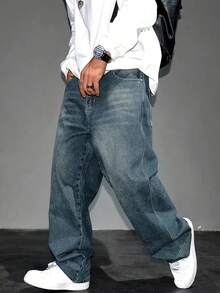 Men's Casual Vintage Loose Fit Jeans With Pockets - Rửa trung bình - Xem 4