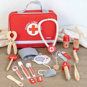 14pcs Kids Wooden Mini Doctor Set - Children Medical Toy Kit With Stethoscope, Syringe, Doctor Bag, Blood Pressure Cuff, Suitable For 3 4 5 6 Year Old Boys And Girls Pretend Play