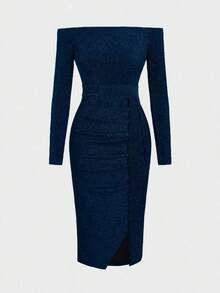 Elegant Formal Party Sequin Dress, Off-Shoulder, Cinched Waist, Slit, Green Midi Dress - Navy Blue - View 2